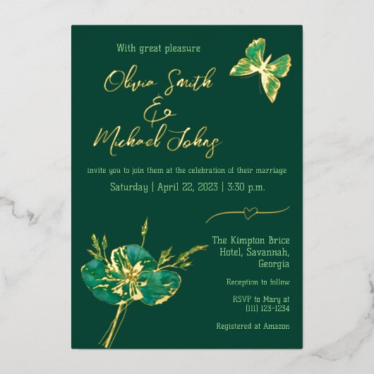 Emerald green gold Wedding Invitation Folie Feestdagenkaart (Voorkant)
