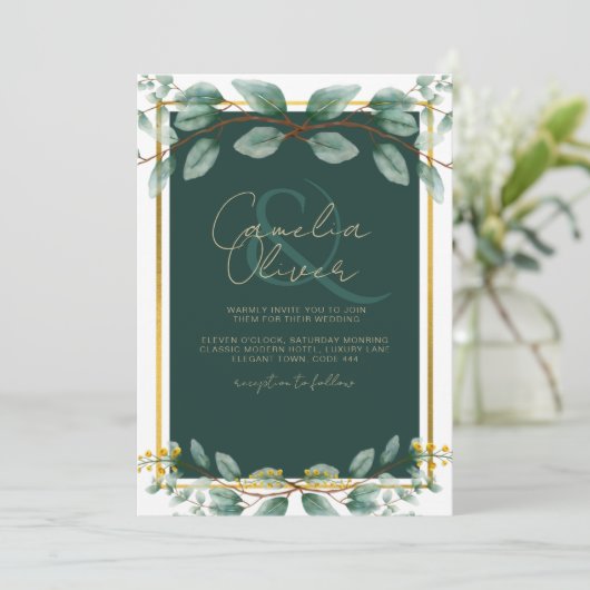 Emerald Green Gold Wedding Invitations numérique (Debout devant)