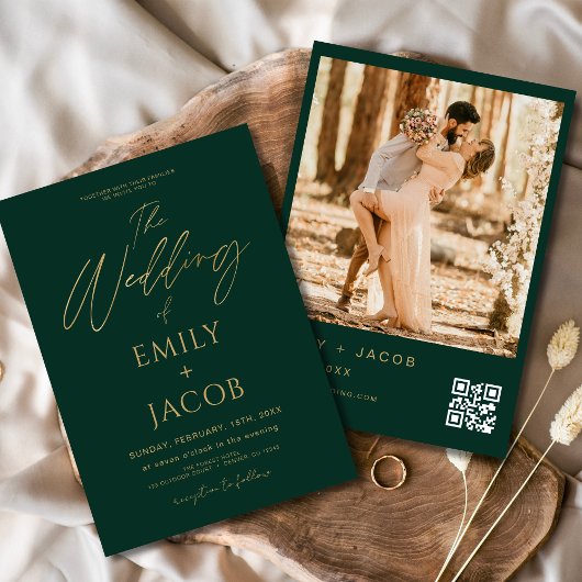 Emerald Green Gold Wedding QR Code Fotoscript Kaart