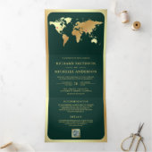 Emerald Green Gold World Map QR Code Photo Wedding Drieluik Uitnodiging (Binnen)
