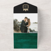 Emerald Green Gold Zwart Monogram Huwelijksuitnodi All In One Uitnodiging (Buitenkant)