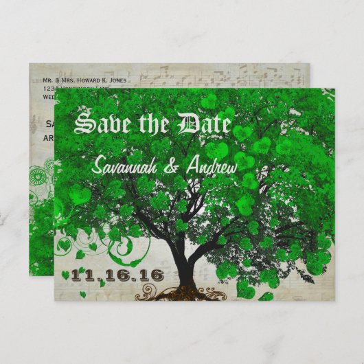 Emerald Green Heart Leaf Tree Save the Date Aankondigingskaart (Voorkant / Achterkant)