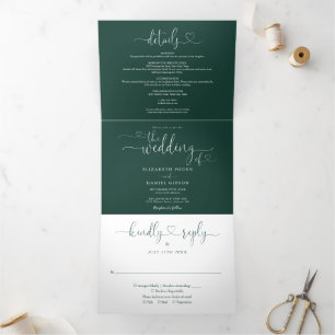 Emerald Green Heart Script Wedding Drieluik Uitnodiging