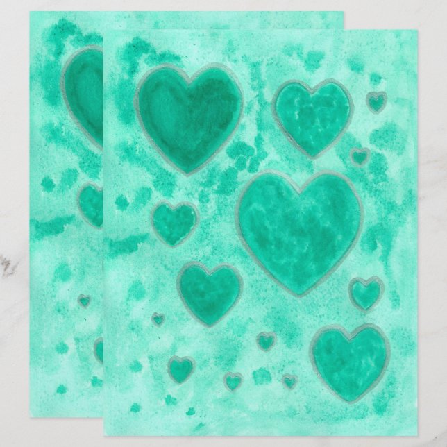 Emerald Green Hearts Waterverf Scrapbook Paper (Voorkant / Achterkant)