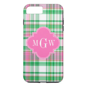 Emerald Green Hot Pink Wht Preppy Madras Monogram iPhone 8 Plus / 7 Plus Hoesje