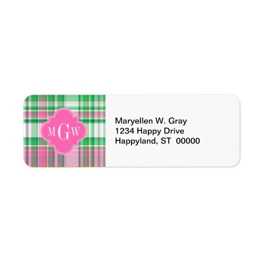 Emerald Green Hot Pink Wht Preppy Madras Monogram Etiket (Voorkant)