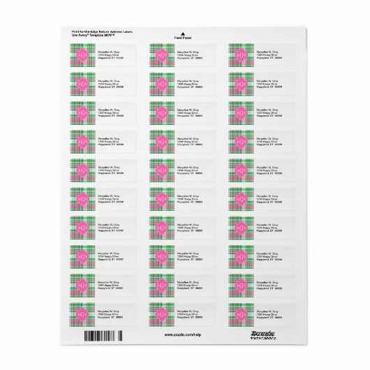 Emerald Green Hot Pink Wht Preppy Madras Monogram Etiket (Full Sheet)