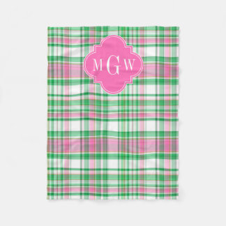 Emerald Green Hot Pink Wht Preppy Madras Monogram Fleece Deken