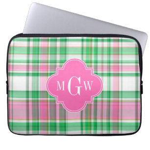 Emerald Green Hot Pink Wht Preppy Madras Monogram Laptop Sleeve