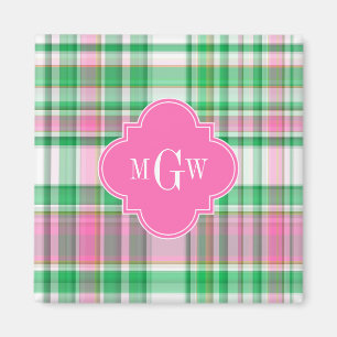 Emerald Green Hot Pink Wht Preppy Madras Monogram Magneet