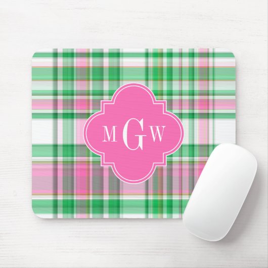 Emerald Green Hot Pink Wht Preppy Madras Monogram Muismat (Met muis)