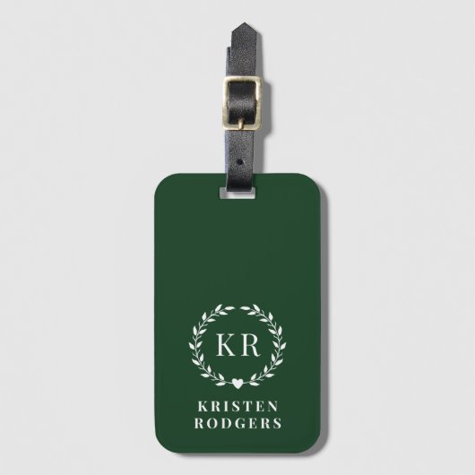 Emerald Green Laurel Wreath Monogram Initiaal Bagagelabel (Voorkant (verticaal))