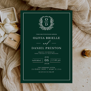 Emerald Green Leafy Crest Monogram Elegante bruilo Kaart