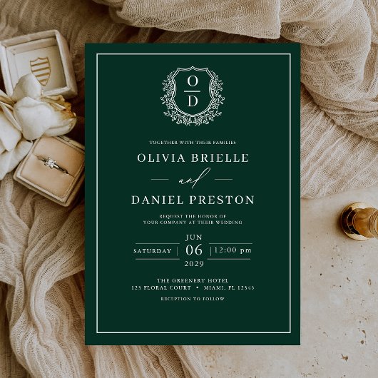 Emerald Green Leafy Crest Monogram Elegante bruilo Kaart