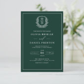 Emerald Green Leafy Crest Monogram Elegante bruilo Kaart (Staand voorkant)