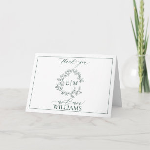 Emerald Green Leafy Crest Monogram Foto bedankt Kaart