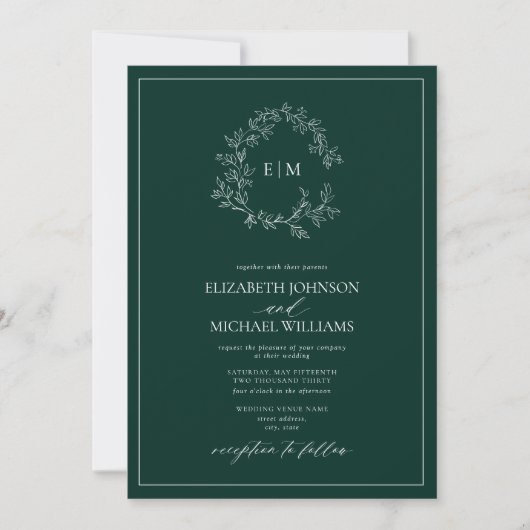 Emerald Green Leafy Crest Monogram Foto Weddenscha Kaart (Voorkant)