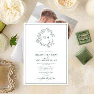 Emerald Green Leafy Crest Monogram Foto Weddenscha Kaart
