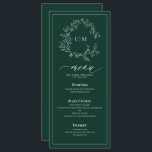 Emerald Green Leafy Crest Monogram Menu Mariage<br><div class="desc">Créez le cadre de réception parfait ! Nous aimons ce menu mariage de 4"x 9" vert émeraude moderne et tendance ! Simple, élégant et oh-so-joli, il présente une couronne feuilletée dessinée à la main encerclant un monogramme mariage moderne. Il est personnalisé en typographie élégante, et accentué par la calligraphie lettrée...</div>