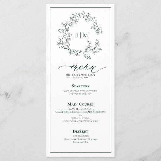 Emerald Green Leafy Crest Monogram Menu Mariage (Devant)