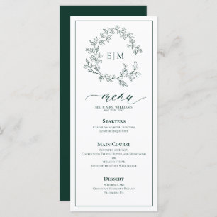 Emerald Green Leafy Crest Monogram Menu Mariage