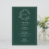 Emerald Green Leafy Crest Monogram Menu Mariage (Debout devant)