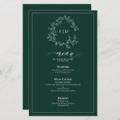 Emerald Green Leafy Crest Monogram Menu Mariage (Devant / Derrière)