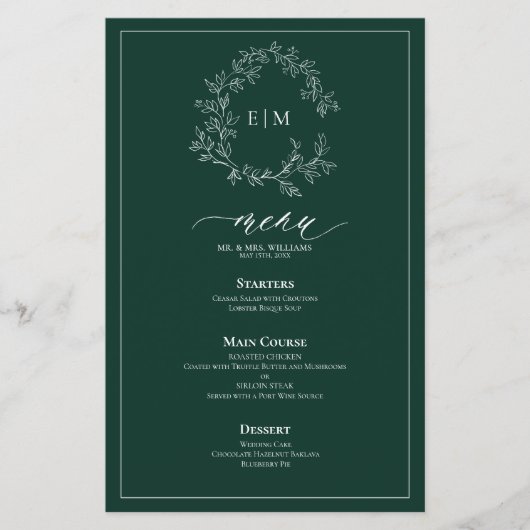 Emerald Green Leafy Crest Monogram Menu Mariage (Devant)