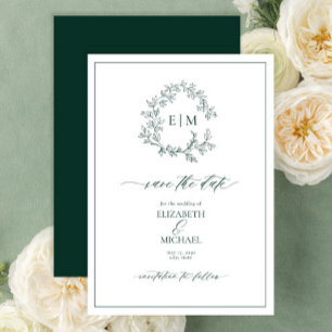 Emerald Green Leafy Crest Monogram Save the Date Kaart