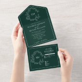 Emerald Green Leafy Crest Monogram Weddenschap All In One Uitnodiging (Afscheurbaar)