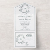 Emerald Green Leafy Crest Monogram Weddenschap All In One Uitnodiging (Binnen)