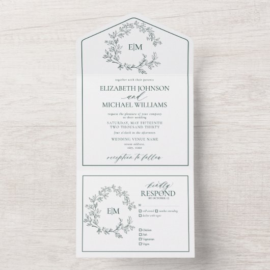 Emerald Green Leafy Crest Monogram Weddenschap All In One Uitnodiging (Binnen)