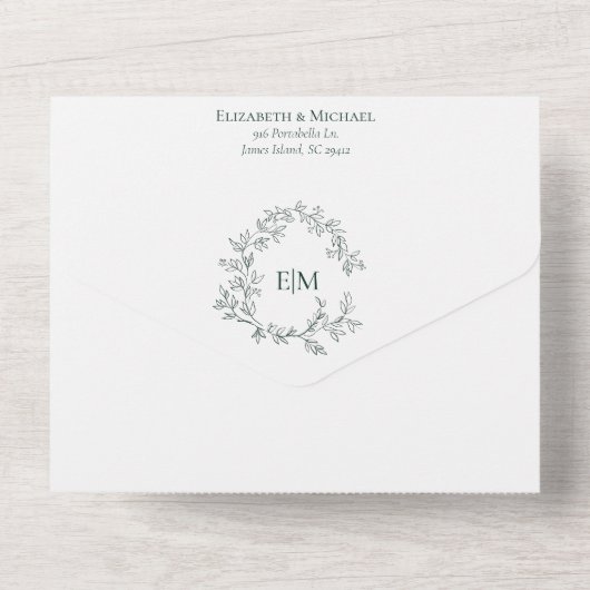 Emerald Green Leafy Crest Monogram Weddenschap All In One Uitnodiging (Achterkant)