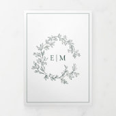 Emerald Green Leafy Crest Monogram Weddenschap Drieluik Uitnodiging (Cover)