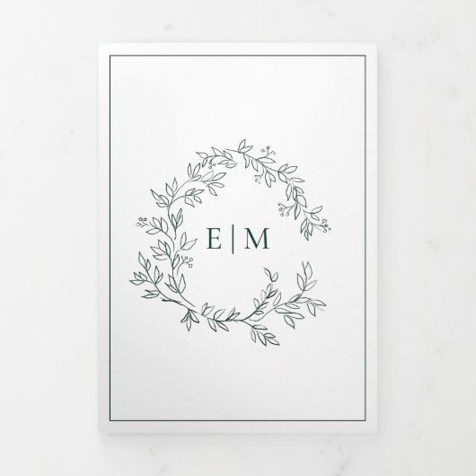 Emerald Green Leafy Crest Monogram Weddenschap Drieluik Uitnodiging (Cover)