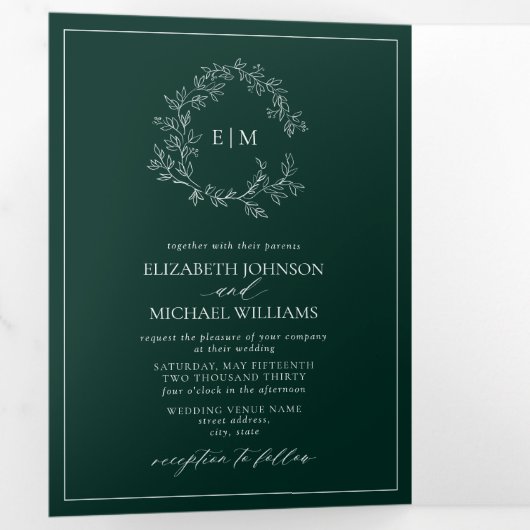 Emerald Green Leafy Crest Monogram Weddenschap Drieluik Uitnodiging (Binnenzijde eerst)