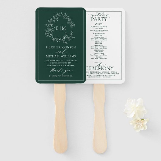 Emerald Green Leafy Crest Monogram Wedding Program Handwaaier (Voorkant en achterkant)