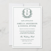 Emerald Green Leafy Crest Monogram Wedding QR-code Kaart (Voorkant)