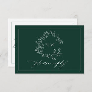 Emerald Green Leafy Crest Monogram Wedding RSVP