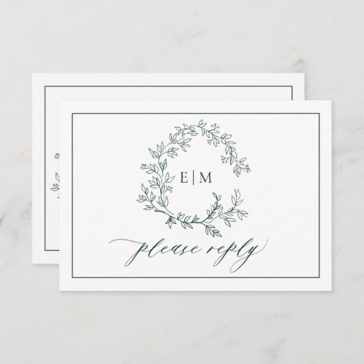Emerald Green Leafy Crest Monogram Wedding RSVP (Voorkant / Achterkant)