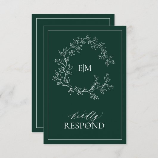 Emerald Green Leafy Crest Monogram Wedding RSVP (Voorkant / Achterkant)