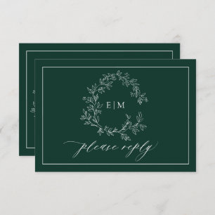 Emerald Green Leafy Crest Monogram Wedding RSVP