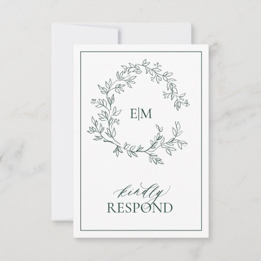 Emerald Green Leafy Crest Monogram Wedding RSVP (Voorkant)