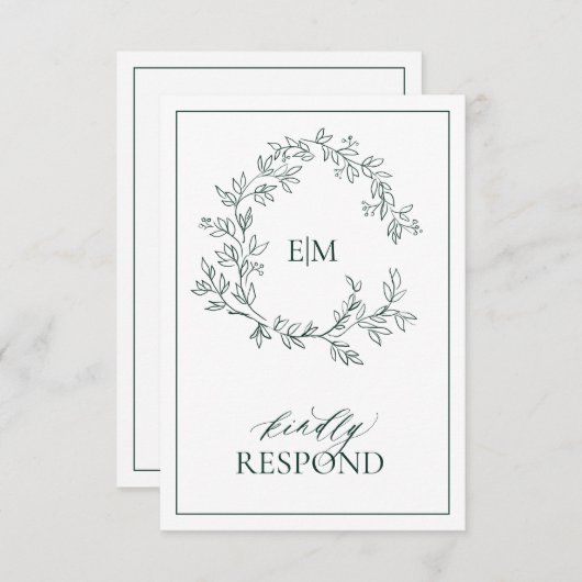 Emerald Green Leafy Crest Monogram Wedding RSVP (Voorkant / Achterkant)