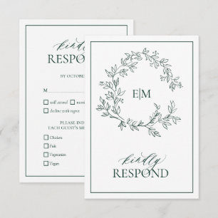 Emerald Green Leafy Crest Monogram Wedding RSVP Kaartje