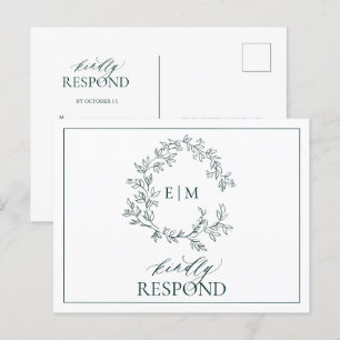 Emerald Green Leafy Crest Monogram Wedding RSVP Uitnodiging Briefkaart
