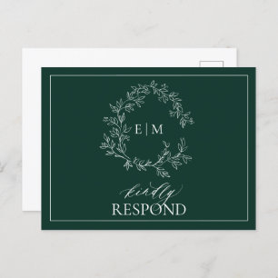 Emerald Green Leafy Crest Monogram Wedding RSVP Uitnodiging Briefkaart