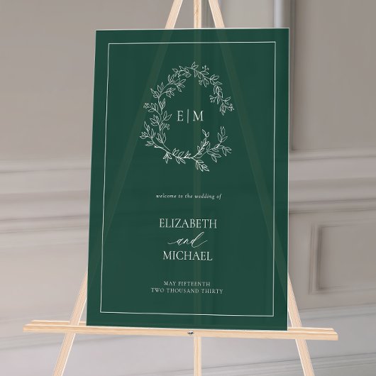 Emerald Green Leafy Crest Monogramme Mariage de bi