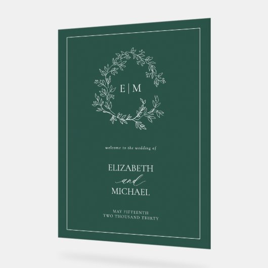 Emerald Green Leafy Crest Monogramme Mariage de bi (Angle)