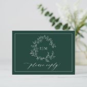 Emerald Green Leafy Crest Monogramme Mariage RSVP (Debout devant)